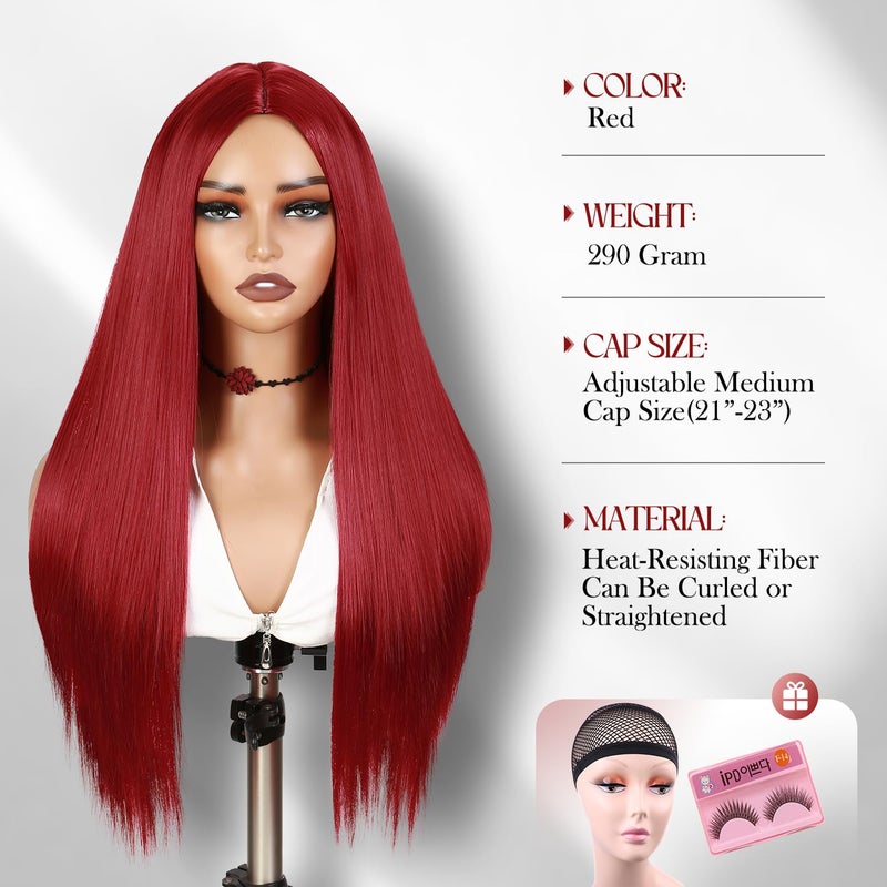 WIGER Red Wigs For Women Long Straight Red Hair Wig Middle Part Synthetic Colored Mermaid Cosplay Wig No Lace Nature Looking Girls Red Costume Full Wigs - Image 2